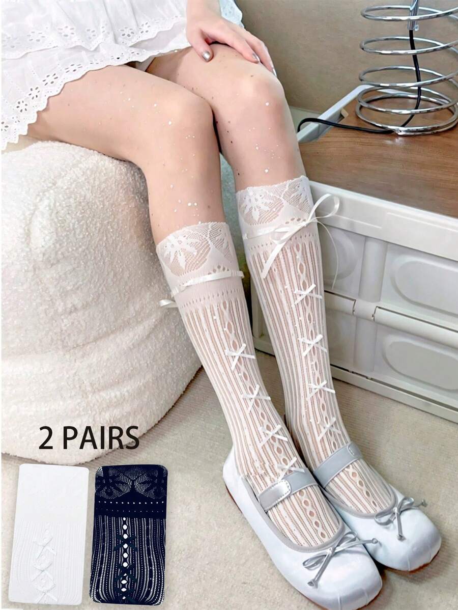 2 pares de calcetines hasta la rodilla con adorno de encaje y lazo, estilo lolita, para mujer, primavera/verano