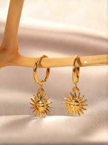 1 đôi bông tai hình mặt trời màu vàng cổ điển thích hợp để phụ nữ đeo hàng ngày bằng thép không gỉ, không thấm nước và chống phai màu - bông tai mặt trời - Xem 4