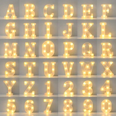 1 pieza Luz LED con letras y números en inglés, luz de noche pequeña y creativa en dorado y blanco que brilla, luz blanca cálida a batería, 26 letras y números, luz con forma de corazón, adecuada para fiestas interiores/exteriores, cumpleaños, propuestas, decoración de ambiente romántico, manualidades navideñas