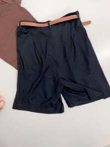 Women's Linen Shorts/Plinsaso/With Belt Loops/Knife Pocket/Comes With Belt - 黑2 - 查看 2