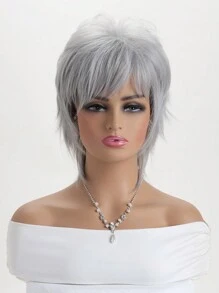 10" Gray Synthetic Fiber Wig For Women With Fluffy Short Curly Hair & Side Bangs, Suitable For Daily, Festival, Party Wear - 銀色 - 查看 3
