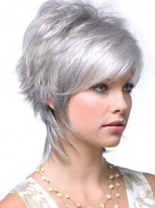 10" Gray Synthetic Fiber Wig For Women With Fluffy Short Curly Hair & Side Bangs, Suitable For Daily, Festival, Party Wear - 銀色 - 查看 1