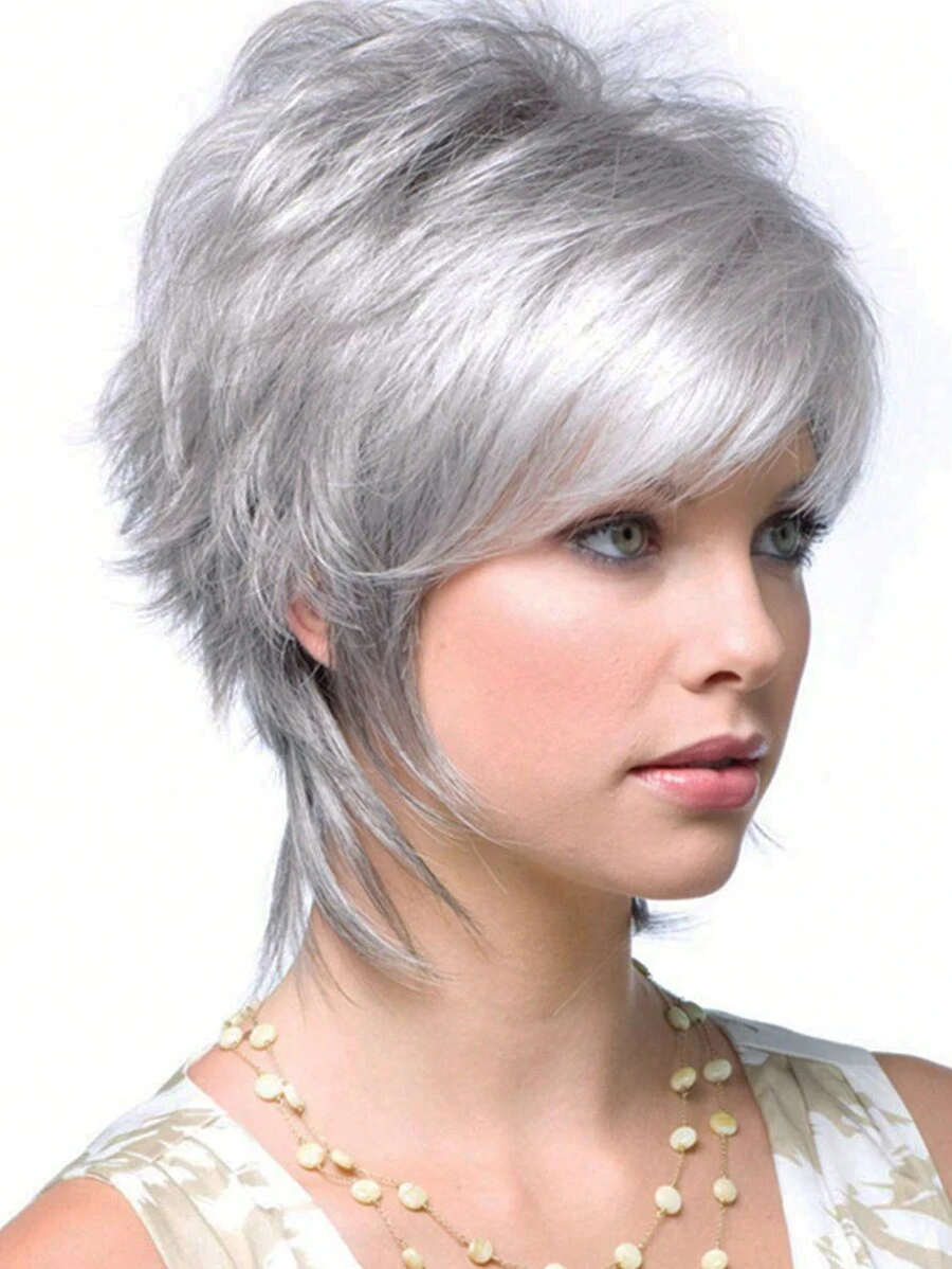 10" Gray Synthetic Fiber Wig For Women With Fluffy Short Curly Hair & Side Bangs, Suitable For Daily, Festival, Party Wear - 銀色 - 查看 1