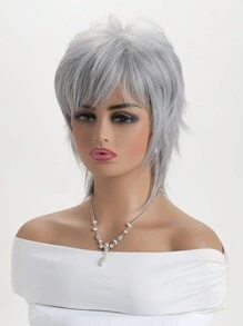 10" Gray Synthetic Fiber Wig For Women With Fluffy Short Curly Hair & Side Bangs, Suitable For Daily, Festival, Party Wear - 銀色 - 查看 4