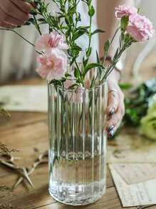 1pc Transparent Striped Glass Vase, Nordic Style Luxurious Home Decor Vase For Office, Bedroom, Bathroom, Hydroponics, Living Room Floral Arrangement - Clear - View 2