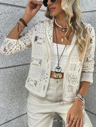 Cardigan con cappuccio con chiusura lampo frontale a taglio vuoto in stile vacanza casual