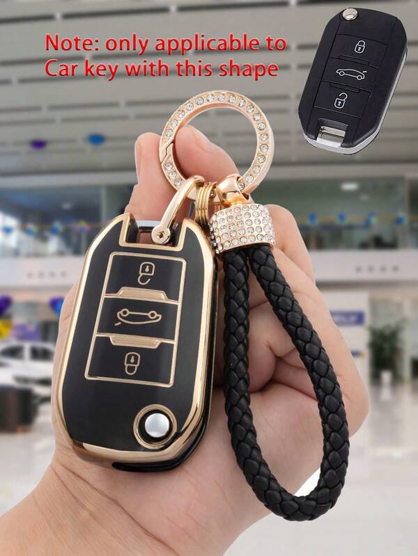 3 قطع/طقم غلاف حماية لمفتاح سيارة بيجو، غطاء قشري ناعم من البولي يوريثان + سلسلة مفاتيح سبيكة الزنك لمفتاح سيارة بيجو ذو 3 أزرار قابل للطي