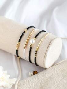 4 Vòng Tay CCB Hạt Gạo & Ngọc Trai Giả Đàn Hồi, Phụ Kiện Ống Cong Phong Cách Đi Biển Đơn Giản & Thời Trang Dành Cho Nữ (Hạt Cơm Hỗn Hợp, Phân Loại Ngẫu Nhiên) - màu đen - Xem 2