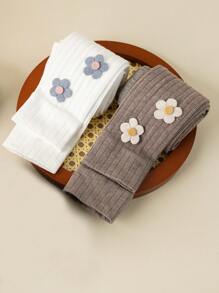 2 件装女童罗纹花卉装饰七分紧身裤，公主风格休闲裤，适合日常穿着，适合上学季节，与运动鞋或平底鞋完美搭配