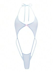 1 件可爱夏季透视冰丝内衣，透视泳衣，可爱连体裤，系带比基尼，可爱撞色蝴蝶结，糖果色性感连体裤，极简性感风格 - 淺藍色 - 查看 3