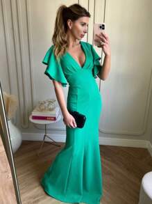 Long Crepe Dress With Ruffles On The Sleeve Solid Color Formal Fashion Women's Prom - Lime Green - View 2
