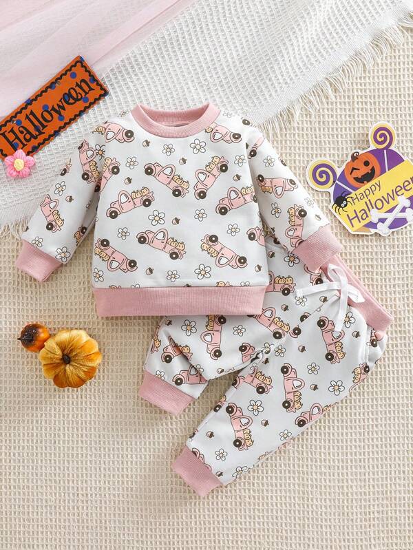 2 piezas Conjunto de sudadera y pantalones de impresión de Halloween rosa para niñas bebé, 0-3 años