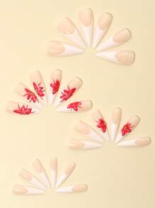 24Pcs Long Stiletto White French Tip Nails Red Floral Accent & Gold Beads, Suitable For Formal Occasions, Includes 1Pc Nail File & 1Pc Nail Gel Press On Nails Nail Supplies Nails