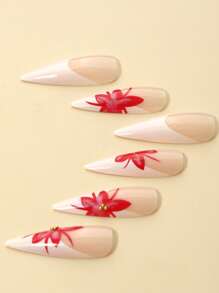24Pcs Long Stiletto White French Tip Nails Red Floral Accent & Gold Beads, Suitable For Formal Occasions, Includes 1Pc Nail File & 1Pc Nail Gel Press On Nails Nail Supplies Nails