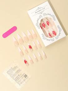 24Pcs Long Stiletto White French Tip Nails Red Floral Accent & Gold Beads, Suitable For Formal Occasions, Includes 1Pc Nail File & 1Pc Nail Gel Press On Nails Nail Supplies Nails