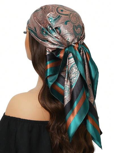1pc 90*90cm Fashionable UV Protection Bandanna/Headscarf, Versatile For Outdoor Activities, Air Conditioning Rooms, Classic Print Design Thin Scarf, Unisex, Colorful (Blue, Green)