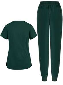 Women Scrubs Uniform Set, Elastic Sports Nurse  Work Clothes With Pockets, Breathable Scrub Jacket And Pants - Dark Green - View 2