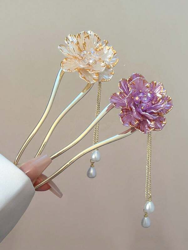 1pc 2024 New Chinese Style Vintage Enamel Peony Flower Hair Clip, Elegant High-End Oriental Fengshui Hair Accessory Valentine's Day Valentines Hair Bun Hair Pin Hair Bun Maker Bun Hair Piece Hair Styling Pins, School Stuff