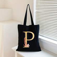 Sacola de Lona Preta Personalizada com Estampa Floral Dourada de Letra A-Z, Sacola de Compras da Moda, Bolsa de Uso Diário, Presente de Aniversário para Mulheres, Presente para Namorada, Lembrança Personalizada de Dama de Honra