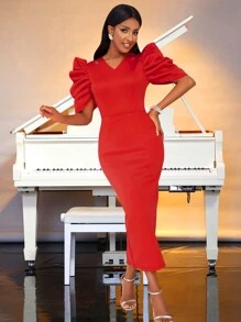 Puff Sleeve Split Thigh Dress - Red - View 5