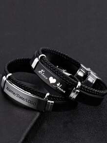 1 pieza Pulseras de cuero multicapa para hombres y mujeres, pulseras de acero inoxidable personalizadas y casuales, colgantes tallados personalizables, regalos de joyería en plata, negro elegante, vintage, sencillo, unisex, casual, punk personalizado, único regalo ideal para él, ella, novio, novia, papá, mamá, familia, amigos para aniversarios, cumpleaños, uso diario, baile de graduación, Día de la Madre, San Valentín, bodas - Estilo 1 - Ver 2