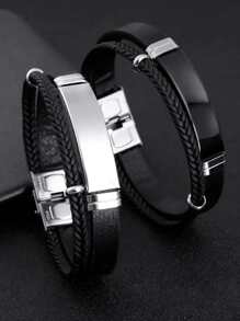 1 pieza Pulseras de cuero multicapa para hombres y mujeres, pulseras de acero inoxidable personalizadas y casuales, colgantes tallados personalizables, regalos de joyería en plata, negro elegante, vintage, sencillo, unisex, casual, punk personalizado, único regalo ideal para él, ella, novio, novia, papá, mamá, familia, amigos para aniversarios, cumpleaños, uso diario, baile de graduación, Día de la Madre, San Valentín, bodas - Estilo 1 - Ver 3