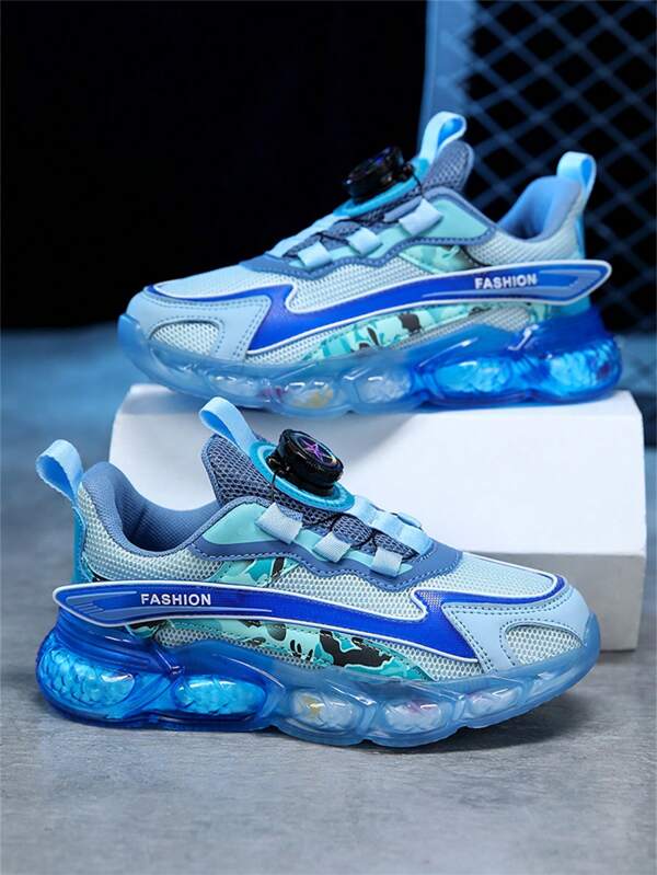 1 Pair Unisex Kids' Mesh Splicing Soft Lightweight Rotary Button Color Blocking Running Transparent Jelly Outsole Casual Sports Sneakers