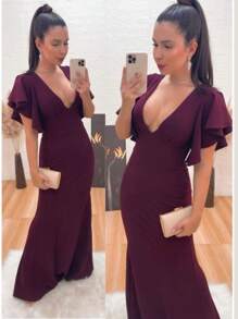 Long Crepe Dress With Ruffles On The Sleeve Solid Color Formal Fashion Women's Prom - 酒紅色 - 查看 3