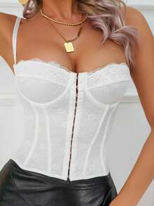 1pc Women's Fashionable Fishbone Boned Lace Camisole Top, Sexy Backless Design, Solid Color - 白色 - 查看 1