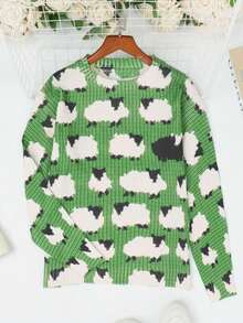 Suéter de Tricô Feminino de Manga Longa e Decote Redondo com Estampa de Ovelha, Casual, Outono/Inverno