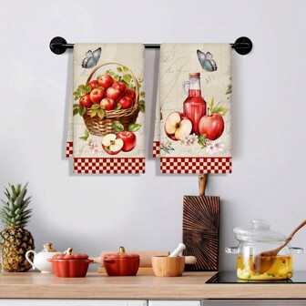 2 piezas Set de toallas de cocina con estampado de manzana y frutas en acuarela, paños de cocina absorbentes de microfibra, trapos de cocina de estilo granja para decoración navideña, regalos de inauguración de la casa
