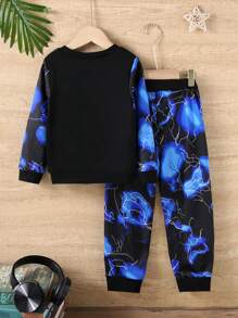 Conjunto de 2 piezas de sudadera de manga larga con cuello de canalé y bolsillo con estampado de relámpago para niños pequeños + pantalones con estampado de relámpago todo sobre, otoño/invierno - Negro - Ver 2