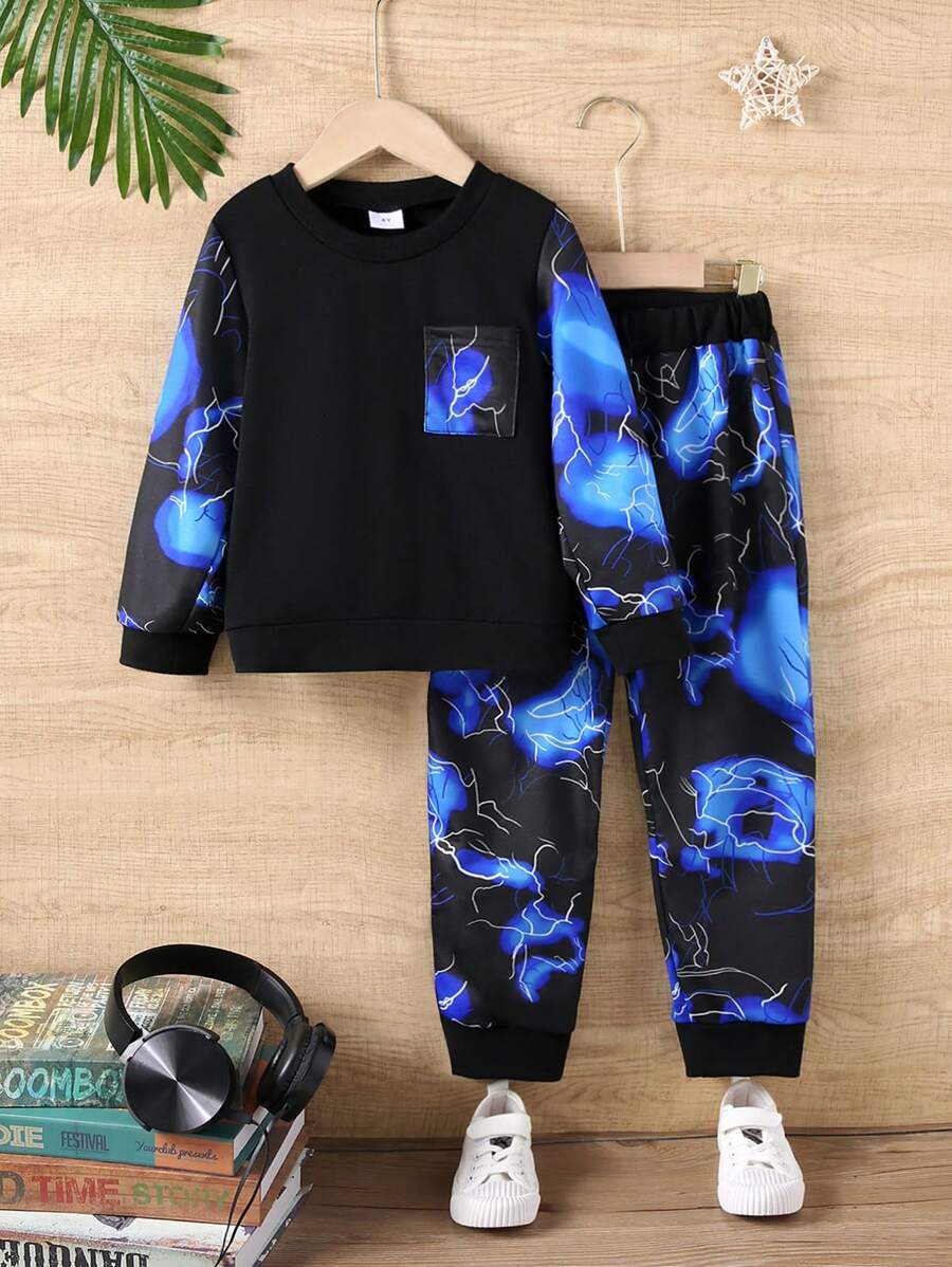 Conjunto de 2 piezas de sudadera de manga larga con cuello de canalé y bolsillo con estampado de relámpago para niños pequeños + pantalones con estampado de relámpago todo sobre, otoño/invierno - Negro - Ver 1