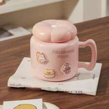 1 pieza, taza de espejo de cerámica con dibujos animados, taza con tapa, taza de agua de gran capacidad para el hogar, oficina, taza de té, taza de café, regalo para amigos - Multicolor - Ver 15