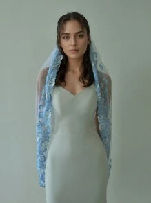 1 chiếc khăn voan cô dâu viền ren màu xanh lam có đính hoa ngọc trai, mũ đội đầu cưới thanh lịch cho trang phục dự tiệc mùa thu dành cho phụ nữ - trắng - Xem 7