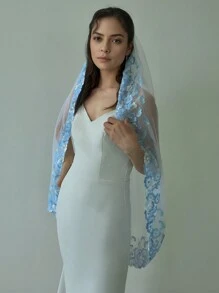 1 chiếc khăn voan cô dâu viền ren màu xanh lam có đính hoa ngọc trai, mũ đội đầu cưới thanh lịch cho trang phục dự tiệc mùa thu dành cho phụ nữ - trắng - Xem 5