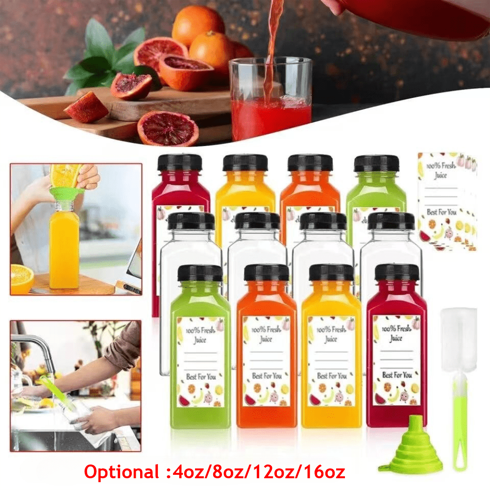 4oz/8oz/12oz/16oz Plastic Juice Bottles With LIDS, Reusable Juicing Bottles, Square Transparent Containers With Tamper-Proof LIDS, Suitable For Outdoor Travel Parties, Milk Milkshakes, Smoothies And Other DIY Beverages. Can Be Filled In Juice Bottles, Refrigerator Beverage Storage Containers - , Leak-Proof