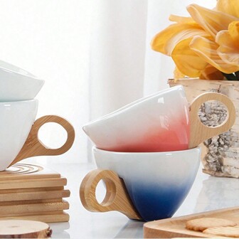 1 set di tazze da caffè in ceramica di lusso con sfumature di colore e piattino in bambù, tazza da ufficio con manico in bambù creativo, adatto per l uso quotidiano e per il ritorno a scuola