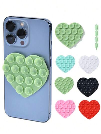 1pc Multi-Function No-Drill Strong Silicone Suction Cup Phone Holder, Heart Shaped Compatible With IPhone, Android Phone, Gift For Birthday, Family, Friends Phone Stand, Phone Accessories