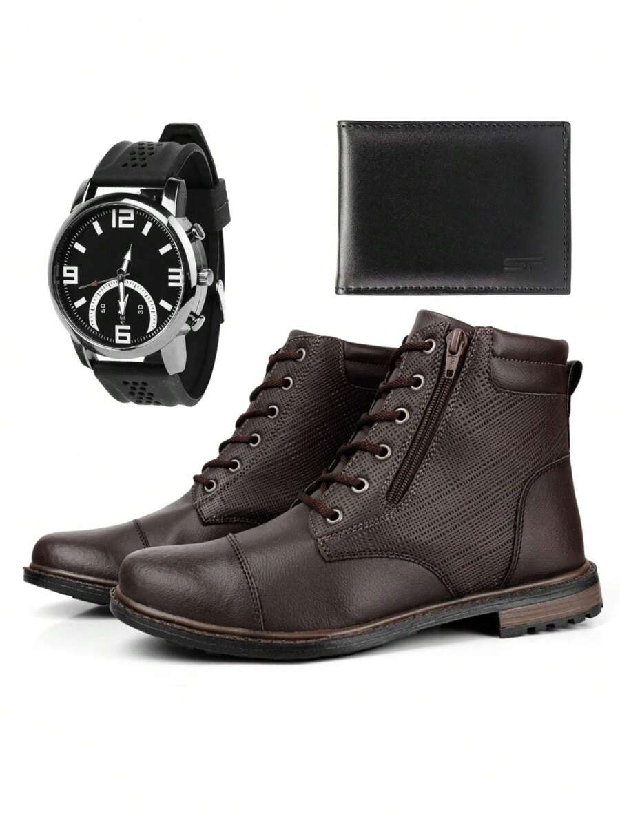 Men's Casual Comfortable Short Boot Kit With Watch And Wallet Black - Cà phê nâu - Xem 1