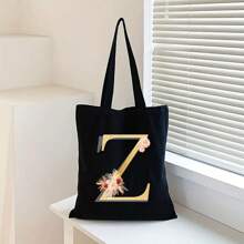 Sacola de Lona Preta Personalizada com Estampa Floral Dourada de Letra A-Z, Sacola de Compras da Moda, Bolsa de Uso Diário, Presente de Aniversário para Mulheres, Presente para Namorada, Lembrança Personalizada de Dama de Honra