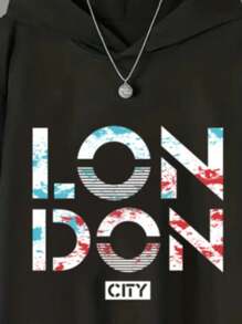 Tween Boys 2pcs Simple Print Hoodie Long Sleeve Top And Pants Set - Black - View 3