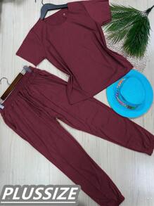 Plussize Women's Suede Set Short Sleeve Blouse Jogger Pants With Pocket Beautiful Stretch Fabric - 酒紅色 - 查看 1