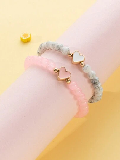 2件套女孩油滴心形宝石串珠手链套装，适合日常装饰