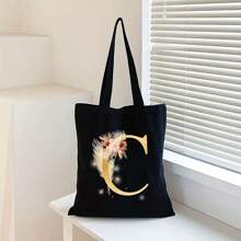 Sacola de Lona Preta Personalizada com Estampa Floral Dourada de Letra A-Z, Sacola de Compras da Moda, Bolsa de Uso Diário, Presente de Aniversário para Mulheres, Presente para Namorada, Lembrança Personalizada de Dama de Honra