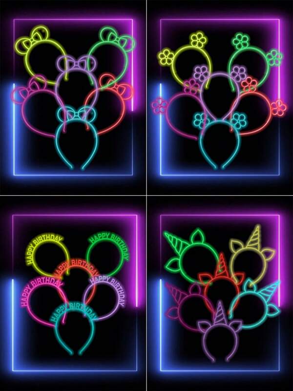6Pcs Hoop Fluorescent Headband, Happy Birthday/Unicorn /Bow/Flower Style Hair Hoops,Party Gifts, Glow In The Dark, Birthday Holiday Luminous Party Decorations Luminous Hair Hoops,Luminous Party Decor,Christmas