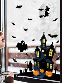 1set Ghost Bat Witch Window Sticker Halloween Glass Sticker Decorative Haunted House Sticker Home Decor Electrostatic Window Sticker