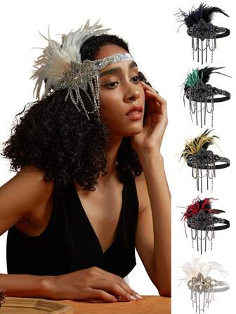 قطعة واحدة شريط رأس طراز عشرينيات القرن الماضي - عصابة شعر بلورية لراقصات العروض في عشرينيات القرن الماضي، عصابة شعر غاتسبي العظيم مع ريش اصطناعي للهالوين