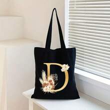 Sacola de Lona Preta Personalizada com Estampa Floral Dourada de Letra A-Z, Sacola de Compras da Moda, Bolsa de Uso Diário, Presente de Aniversário para Mulheres, Presente para Namorada, Lembrança Personalizada de Dama de Honra