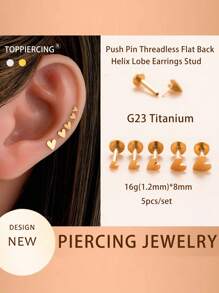 Toppiercing 5pcs/Set G23 Titanium Jewelry Push Pin Threadless Flat Back Supper Tiny Heart Ear Tragus Lobe Cartilage Helix Piercing Stud Earrings For Women - 5pcs/set - View 1